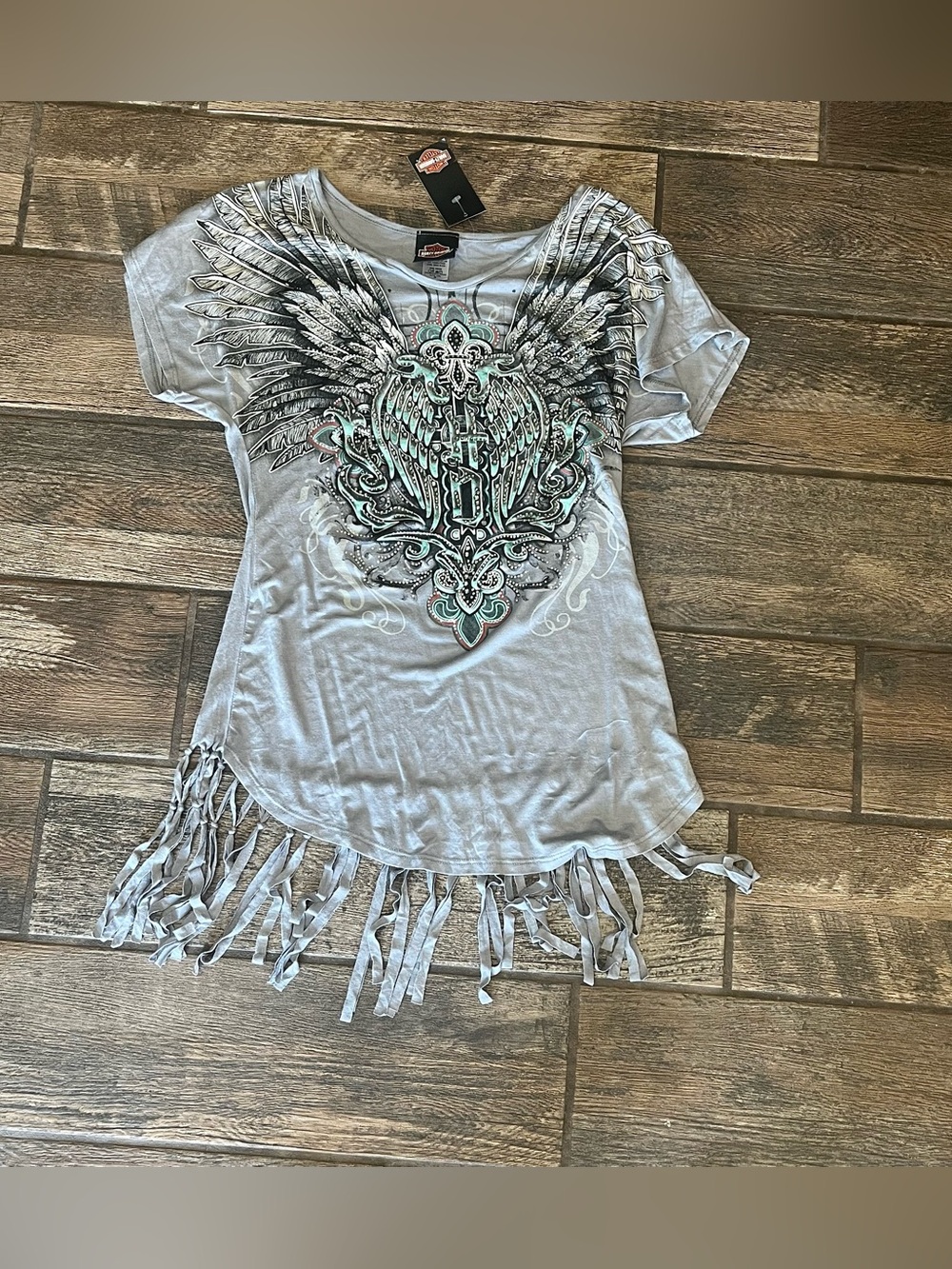 Harley Davidson “V” neck t-shirt rhinestones wings and fringe M